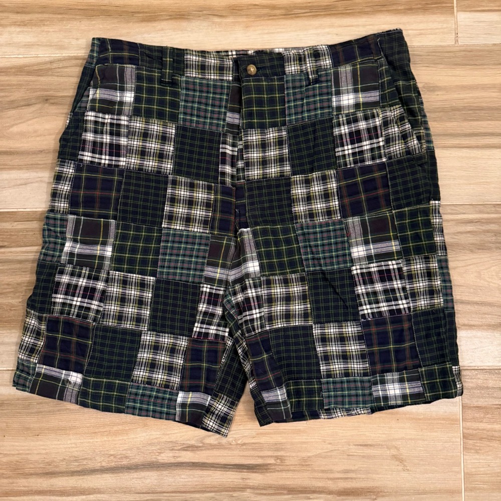 St Johns Bay Mens Patchwork Plaid Shorts Navy Green Tartan Size 36 NWT